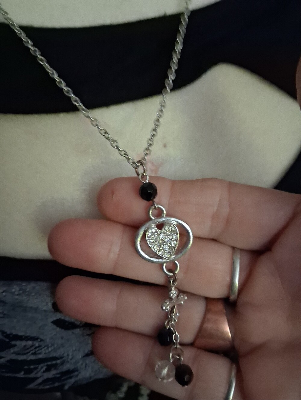 Silver Heart Pendant Necklace with Black Beads - Women's Jewelry